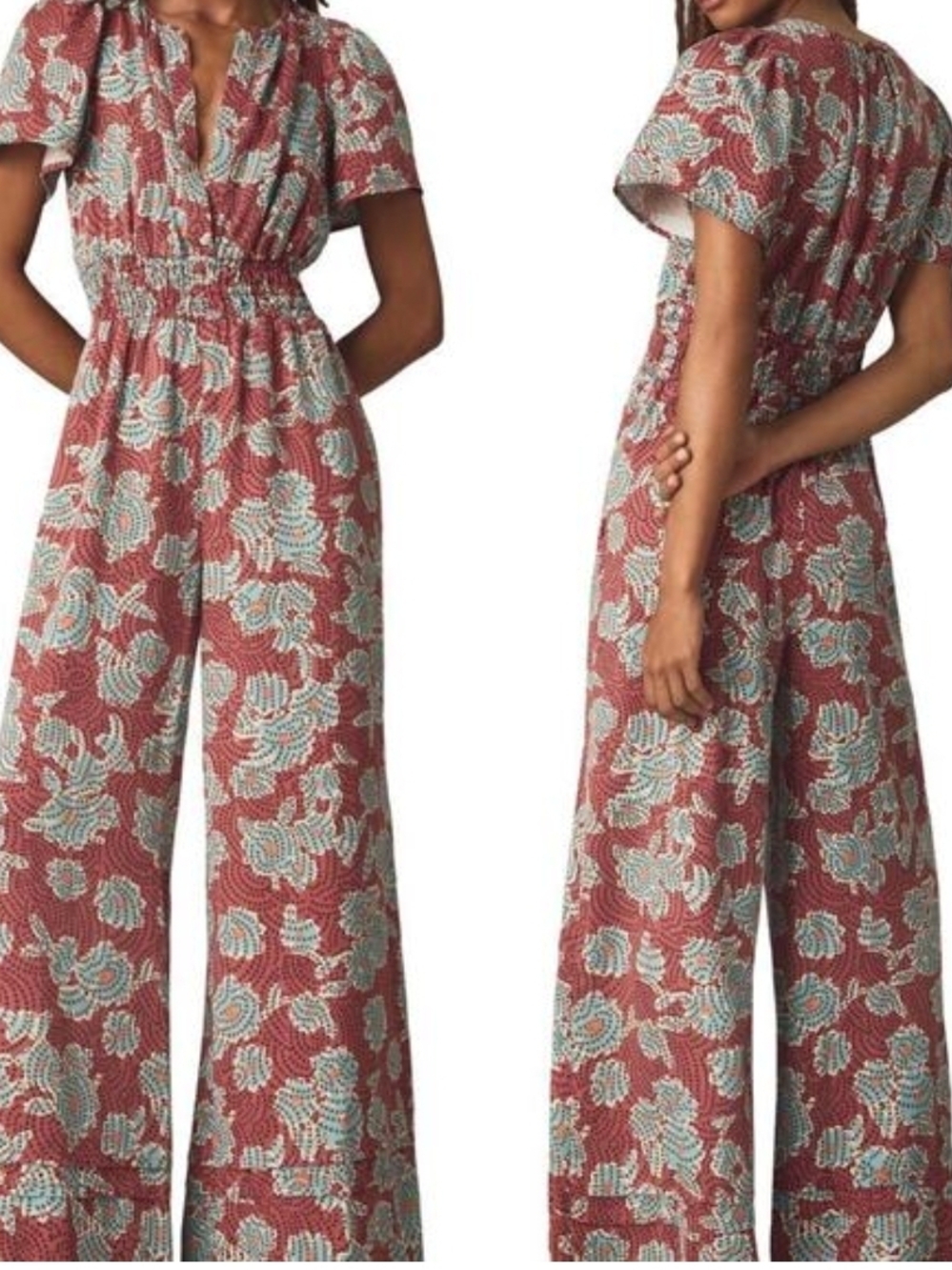 Anthropologie Somerset Red Floral Puff-Sleeve Wide-Leg Jumpsuit